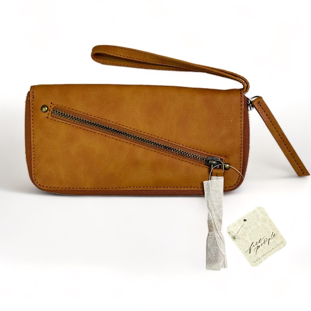 Free People Distressed Vegan Leather Wallet Wristlet Bag Natural Brown NWT